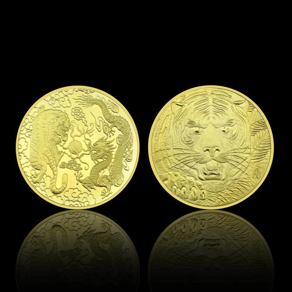 

2022 Chinese Dragon Tiger Commemorative Coin Mascot Lucky Gold Plated Coin New Year Collective Coin Souvenir Festival Gifts