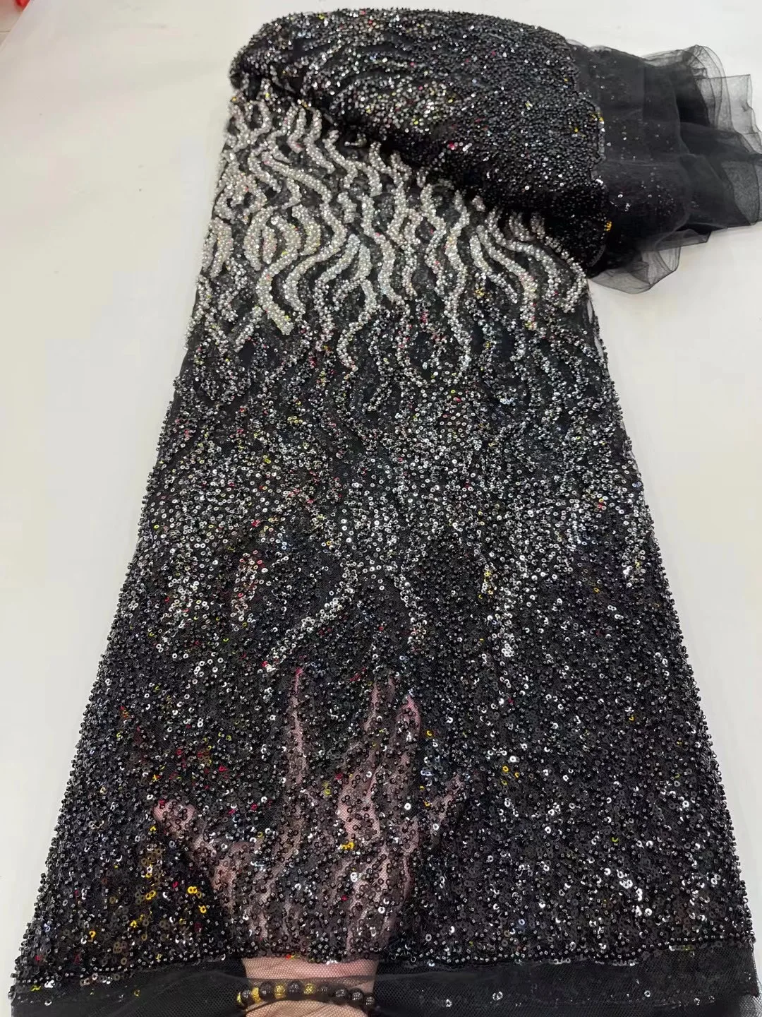 

Черная французская Высококачественная роскошная кружевная ткань из бисера 2023 африканская Тяжелая Тюлевая ткань ручной работы с блестками кружево для свадебного выпускного платья