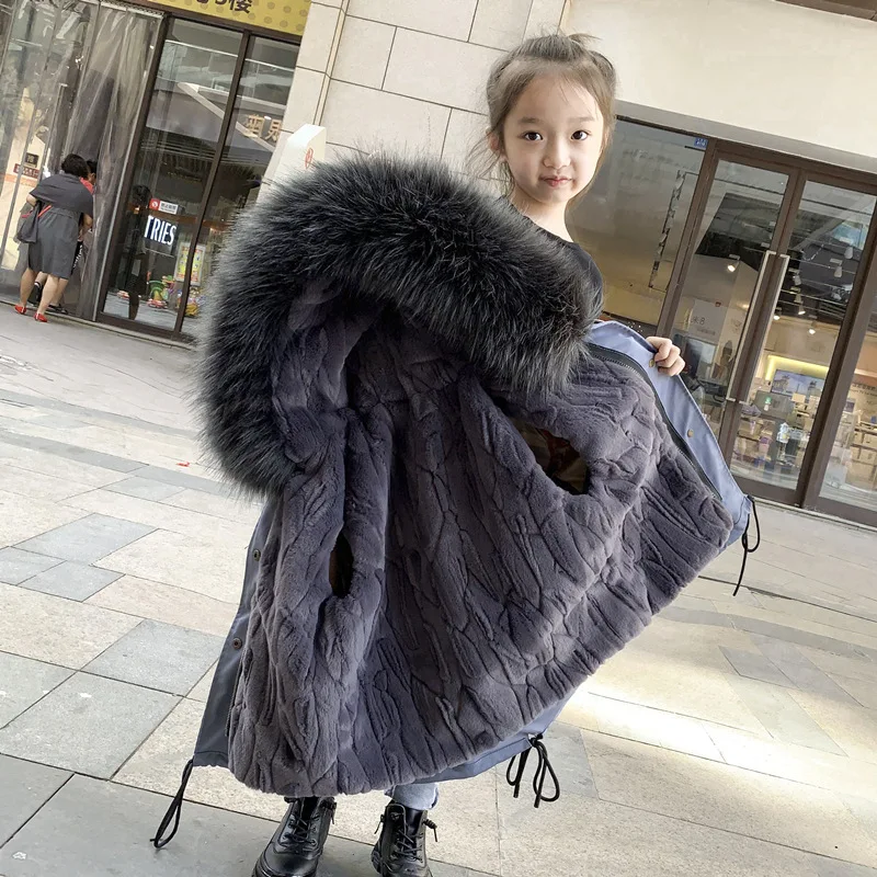

Children parka medium long winter clothes boys and girls hooded imitation fur coat baby's thick removable cotton padded clothes