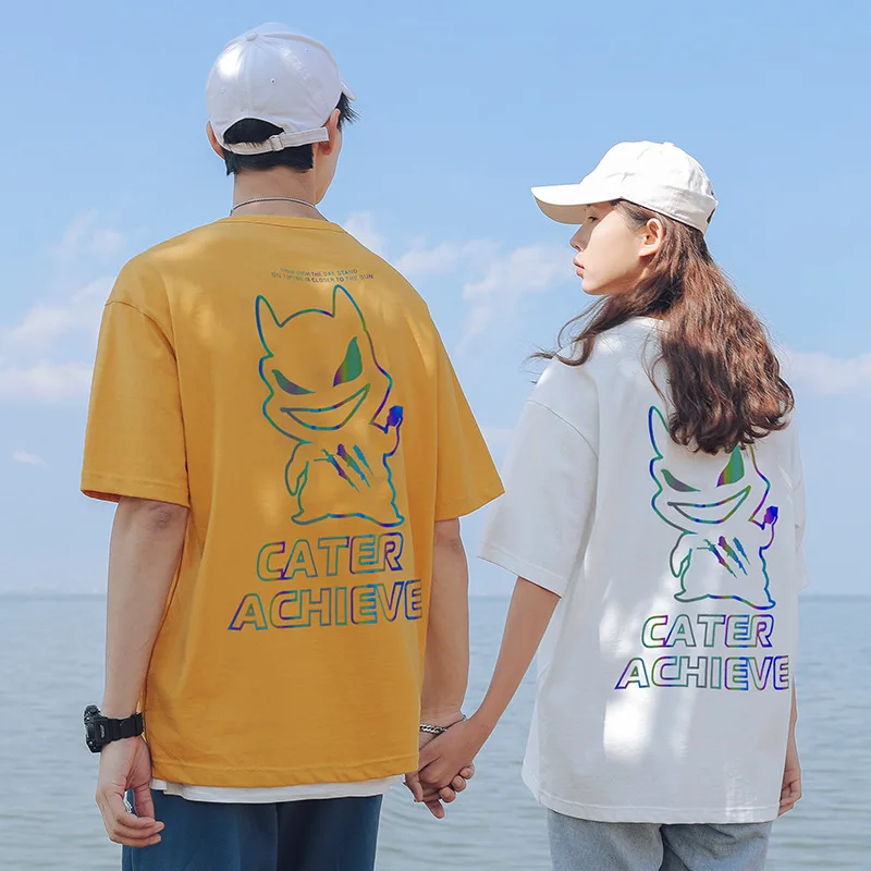 Men's Clothing 2022 Spring and Summer New Reflective Cartoon Printed Short Sleeve T-shirt Men's Colorful Couple T-shirt