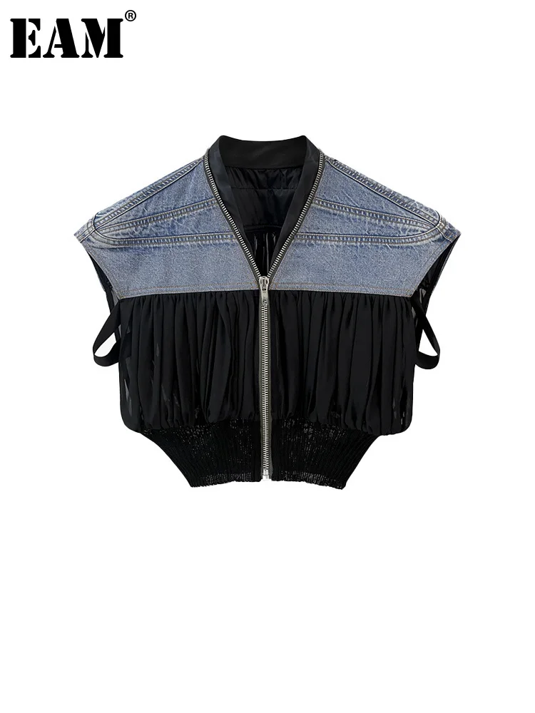 

[EAM] Women Loose Fit Blue Denim Hem Pleated Big Size Vest New Stand Collar Sleeveless Fashion Tide Spring Summer 2022 1DE9538