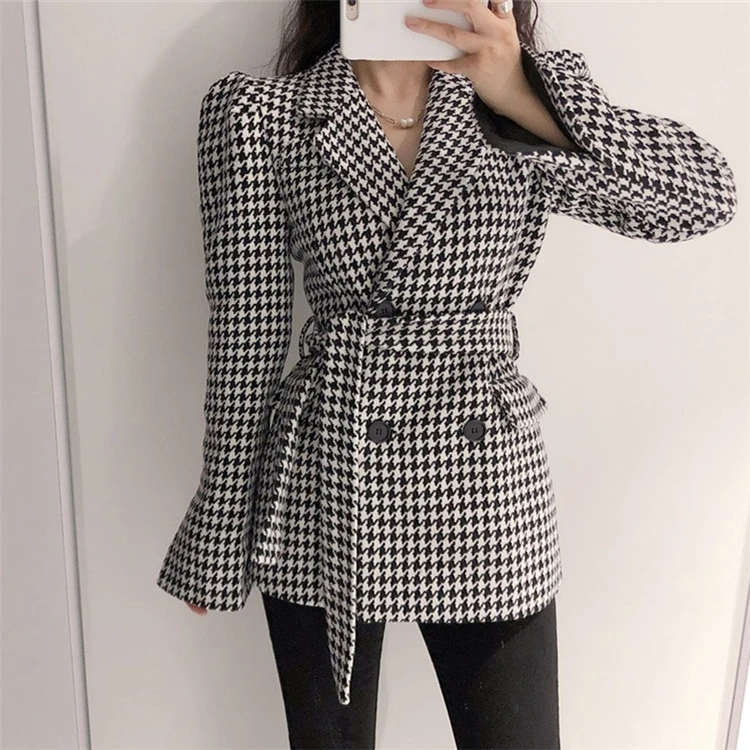 Autumn Winter New 2023 Houndstooth Blazers Women Jacket Woolen Pocket Checkered Puff Sleeve Lace Up Wild Tops Slim Vintage Coat