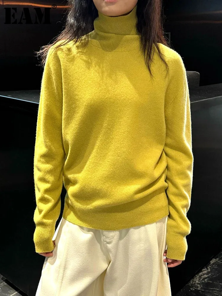 [EAM] Желтый вязаный свитер из 100% шерсти водолазка с длинным рукавом женские