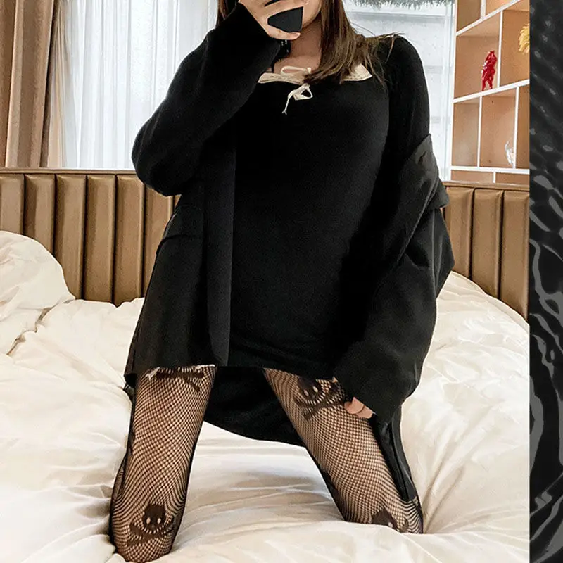 Черные ажурные чулки готические колготки в стиле панк сетчатые дизайнерские с