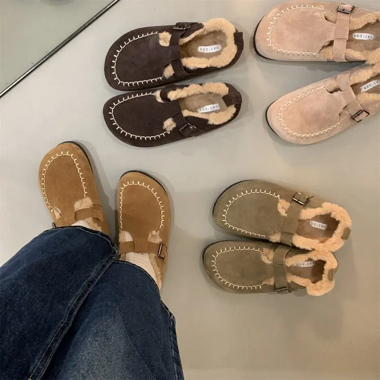 

Туфли женские на низком каблуке, плюшевые простые, с ремешком и пряжкой, из флока, Классическая обувь на плоской подошве, Str