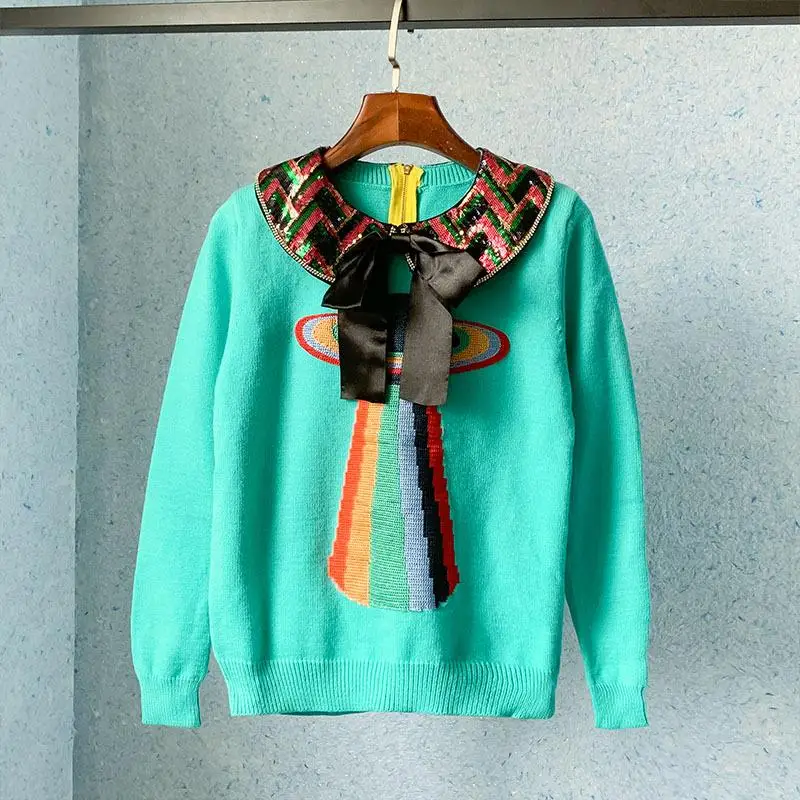 

Vintage Sequin Doll Collar Bow Rainbow Ufo Planet Green Knit Pullover Cartoon Embroidery Green Fashion Sweet Sweaters 2023 New