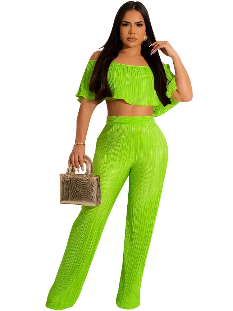 

Off Shoulder Ruffle Two Piece Clubwear Set Party Short Corset Tops And Pants High Waist Night Club Sexy Outfits For Women Sets