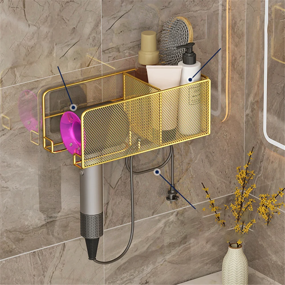 

Metal Hair Dryer Holder Golden Hair Dryer Storage Placement Rack Punch-Free Comb Rack Organizer Bathroom Accessories