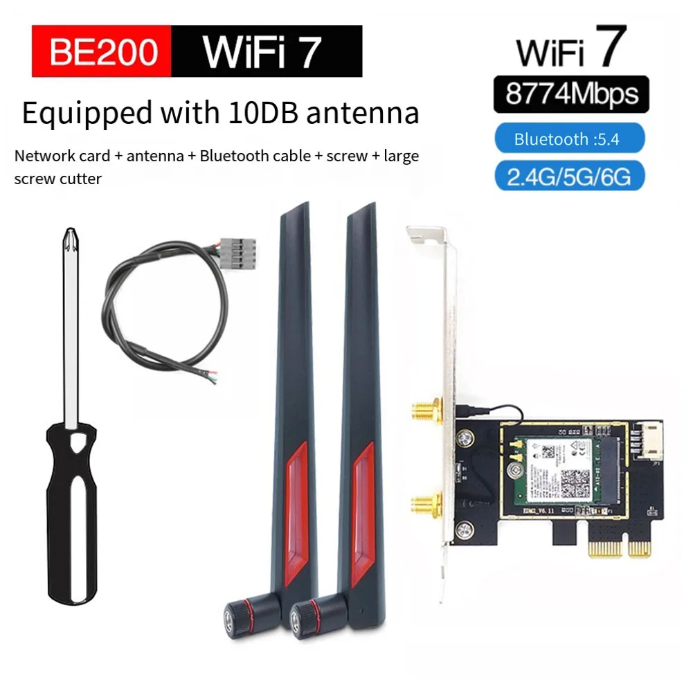 Беспроводная Wi-Fi карта 7 BE200 Pcie + антенна 10 дБ BT5.4 трехдиапазонная 2 4G/Φ/6 ГГц