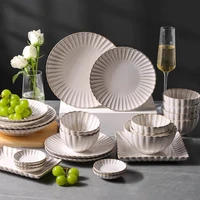 ceramic dinnerware food dishes dinner plates salad soup bowl kiln glaze white chrysanthemum shaped plates and bowls set for home