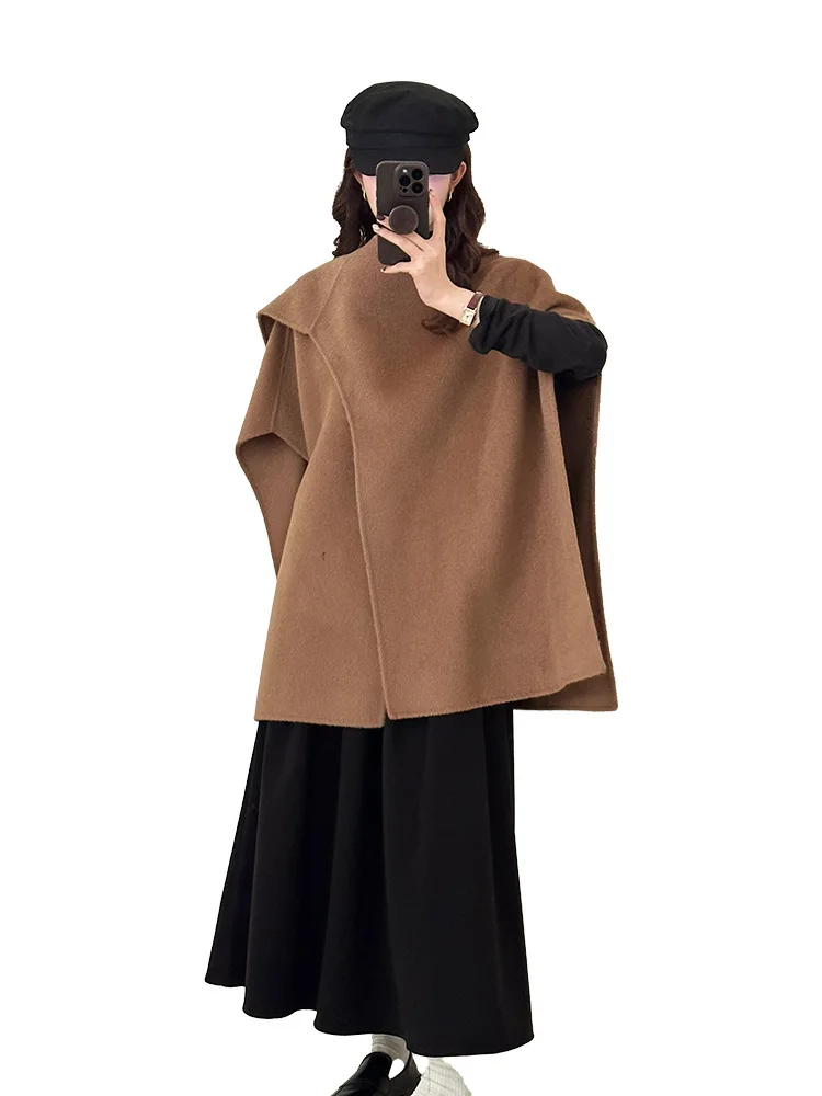 

Women Fringe Scarf Collar Coat Double-sided Woolen Vintage Streetwear Autumn Winter Loose Embroidery Trim Female Casual Jacket