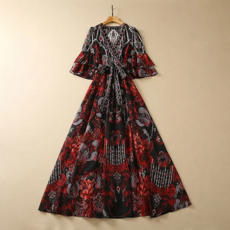 European and American women's clothes 2023 summer new Beaded V-neck Seven-point sleeve flared sleeve Printed Pleated Dress