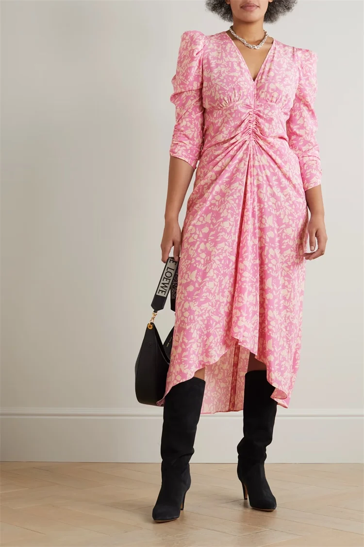 

Women Geometric Print Pleated Midi Dress 100% Silk Irregular Robe