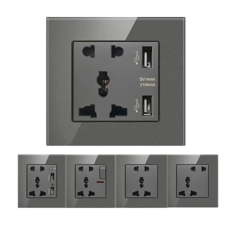 

Grey Glass Universal USB Wall Socket,usb Uk Plug 13A Mobile Phone Charging Socket, Double Five-hole Usb Outlet Wall AC110V -250V