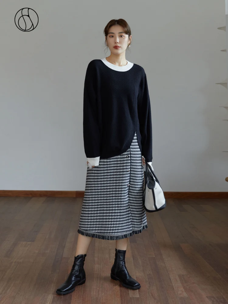 

DUSHU Women Winter Frayed Cuffs Contrasting Color Knitted Sweaters 2021 Asymmetrical Hem Slim Sweater Women Round Neck Pullovers