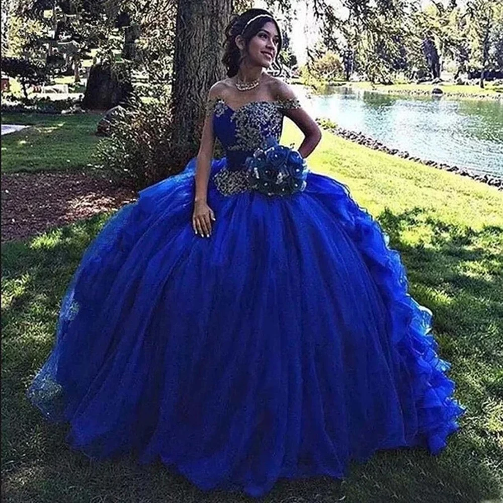 

GUXQD Royal Blue Sweetheart Ball Gown Quinceanera Dresses 15 Party Sexy Off-Shoulder Applique Tulle Princess Birthday Gowns