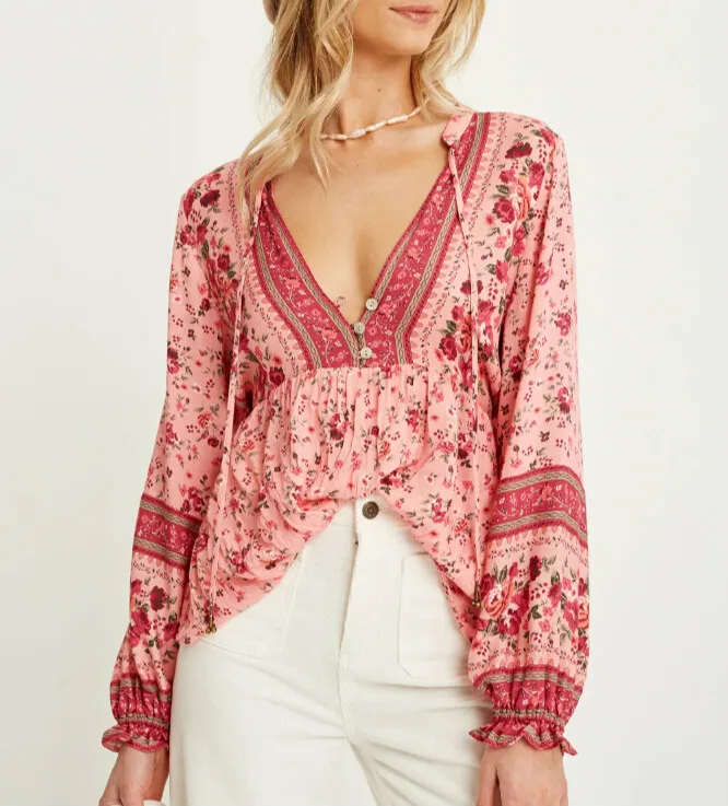 

TEELYNN Boho Long Sleeve Blouse Shirt Women Vintage Rayon Pink Floral Print 2022 Spring Autumn Blouses Top Beach V Neck Blusa