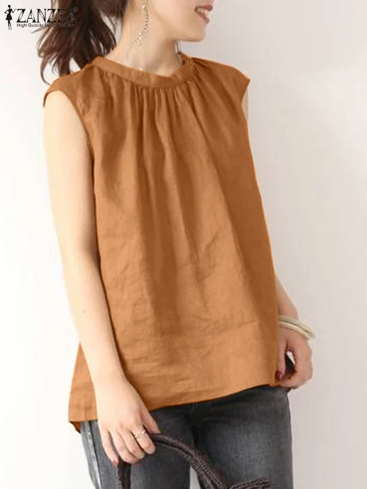 

Fashion Tanks Tops ZANZEA Vintage Solid Shirt Women's Summer Blouse Female Stand Neck Sleeveless Blusas Loose Beach Camis Tunic