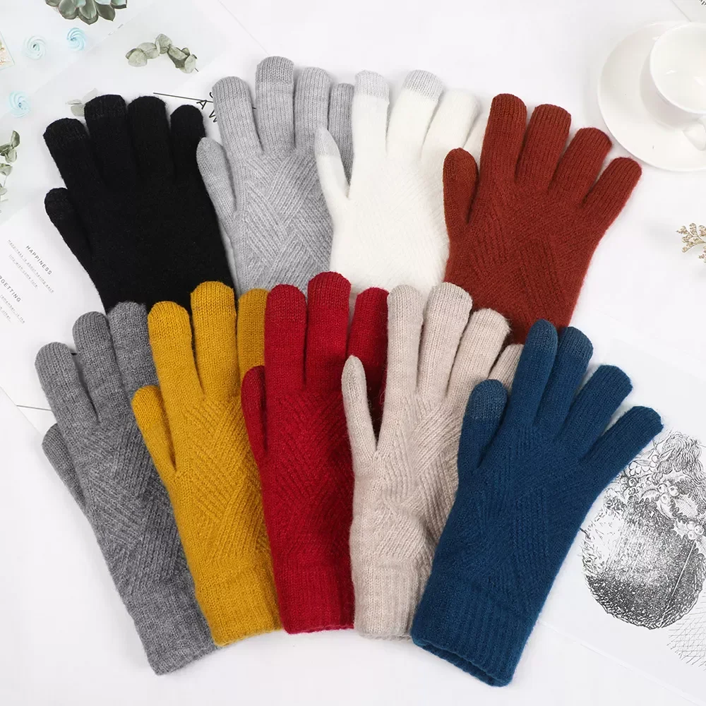 

Free shipping Female Winter Warm Knitted Full Finger Touch Screen Mittens Woolen Winter Warm Thick Warm Women Cycling Driving Gl