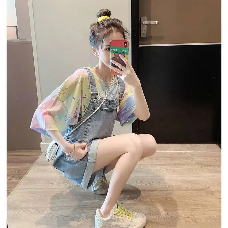

Women 2022 Summer Fashion Two Pieces Set Female Printed Short Sleeve Top and Denim Shorts Sets New Overalls 2 Piece Outfits S39