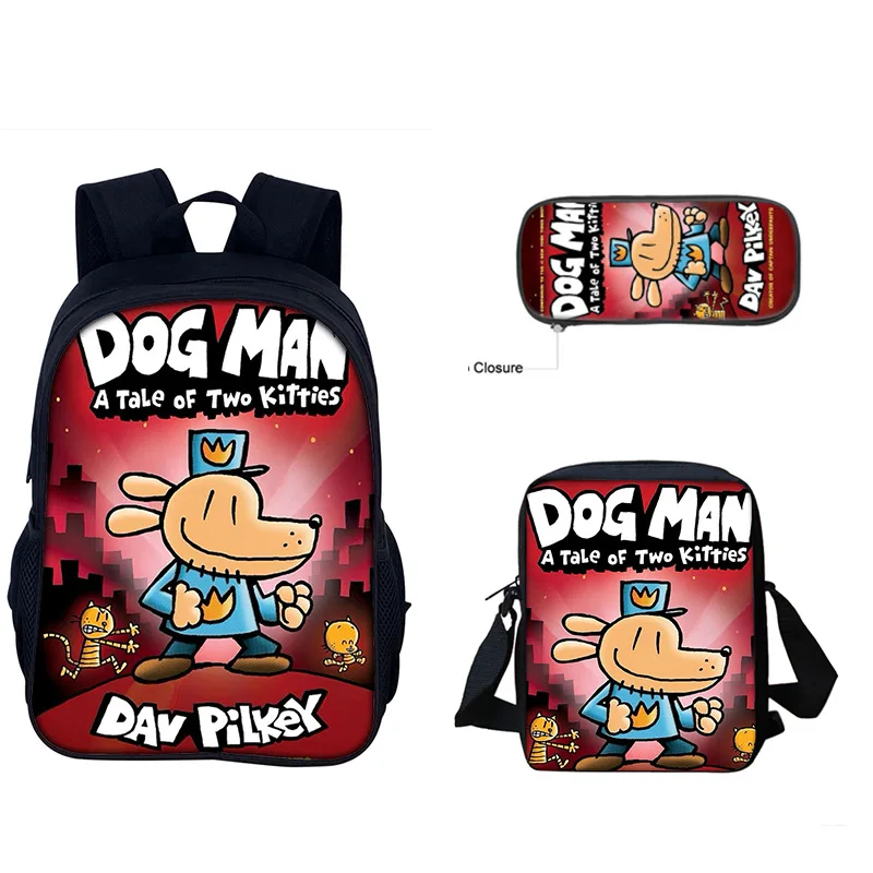 Фото Набор из 3 предметов Dog Man: Забавный мультяшный школьный рюкзак для мальчиков с сумкой через плечо, пеналом и принтом игровых персонажей, водонепроницаемый детский ранец №2