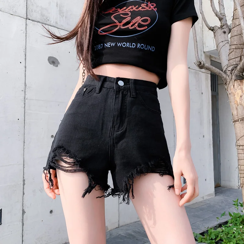 

Sweet and Spicy Shorts Summer Women New High Waist Showing Thin Raw Edge Spice Girl A Line Black Jeans Hot Pants Ripped