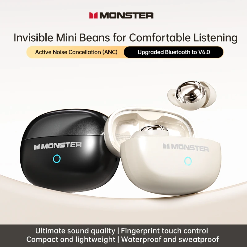 Фото Беспроводные мини-наушники Monster A08 ANC Bluetooth 6.0 для сна, невидимые, комфортные, с сенсорным управлением, водонепроницаемые №1