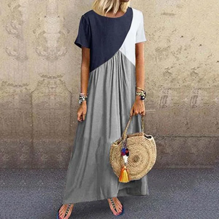 

Vintage 2023 Dress Geometric Contrast Irregular Short Sleeve Dress Casual Long Dress Ankle-Length Maxi Dresses for Women