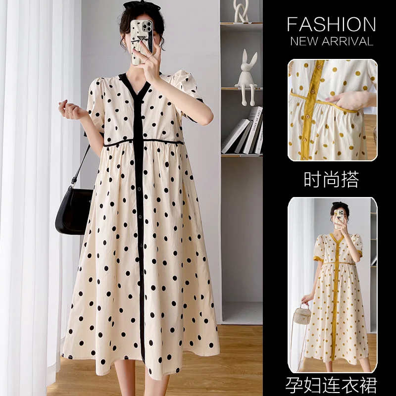 

636# Summer Korean Fashion Dot Printed Cotton Maternity Long Dress Elegant A Line Loose Clothes for Pregnant Women Pregnancy