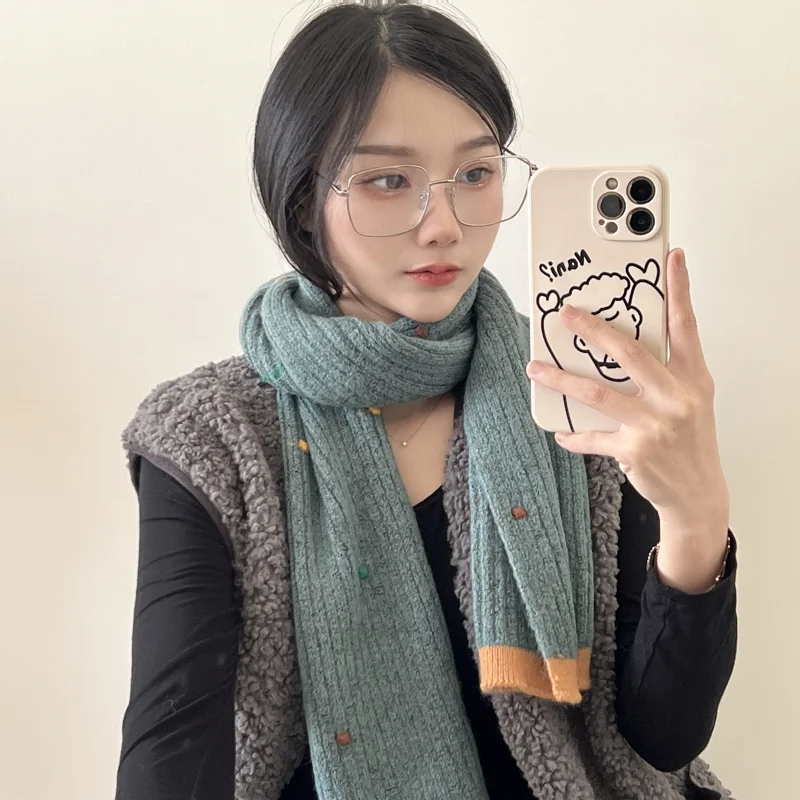 

Cute Colourful Dot Winter Knitted Scarves Cashmere Warmer Pure Color Scarf Fashion Ladies Travel Winter Scarf For Women
