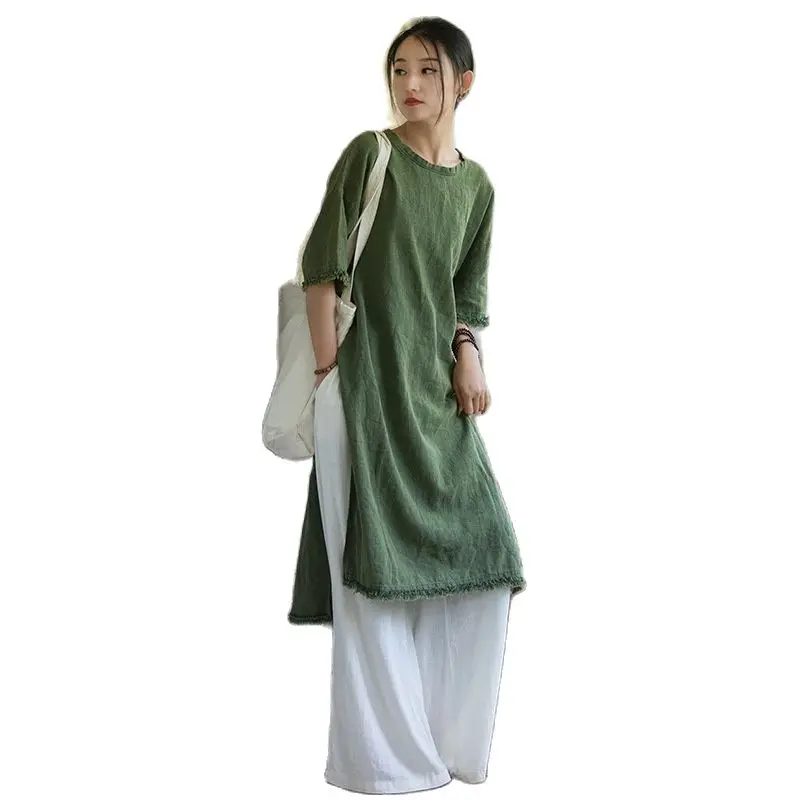 Ramie Dress Women Summer Vintage Chinese Style O-neck Half Sleeve Solid Color Rough Selvedge Casual Clothing