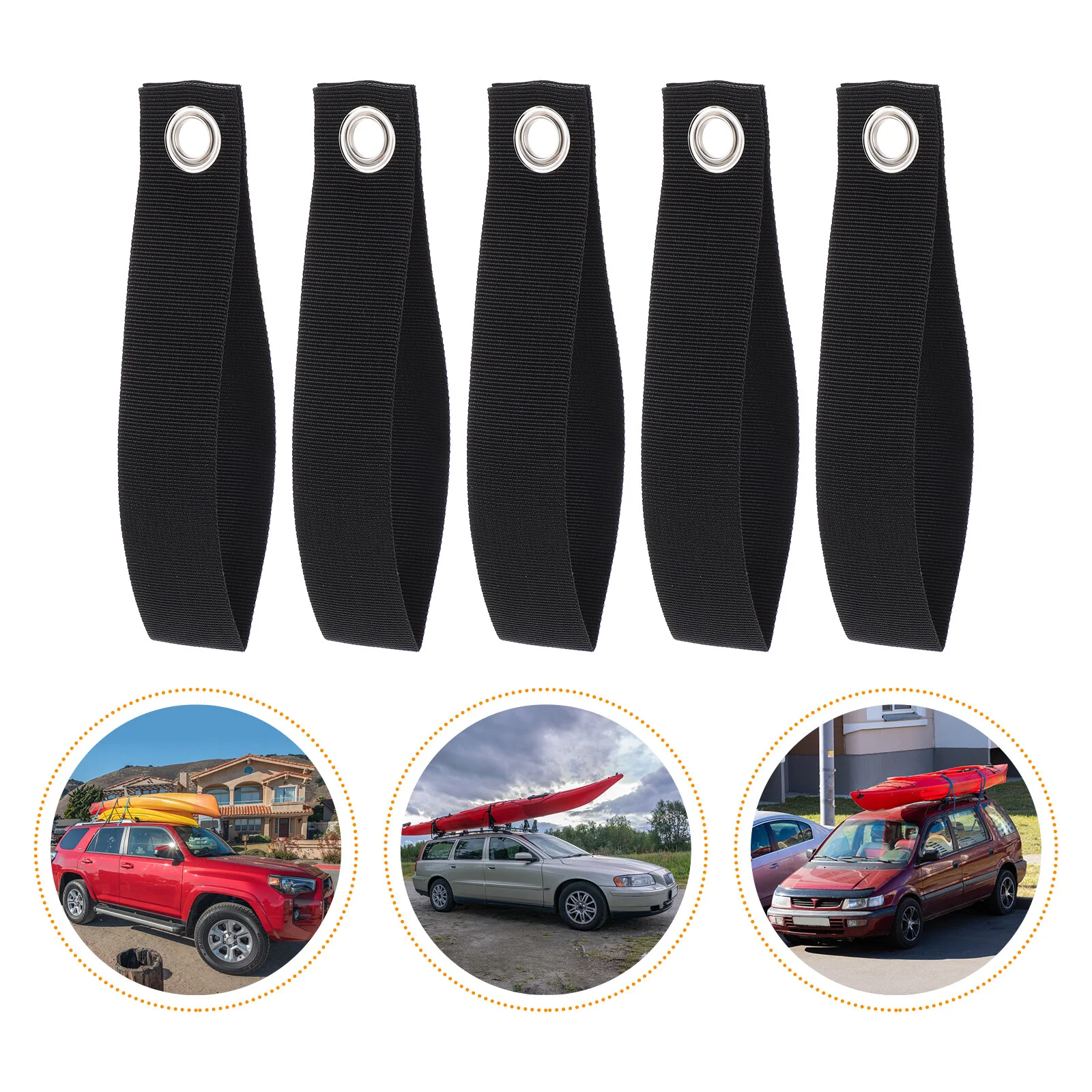 

5 Hood Loop Straps- Tie Down Kayak Anchor Straps for Hauling Canoe, Kayak, Hammock ( Black )