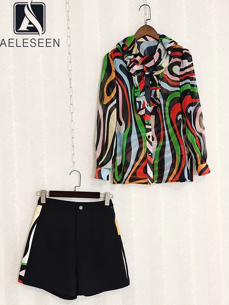 

AELESEEN Women Summer 2 Pieces Set Runway Fashion Contrast Color Print Ruffles Blouse + High Waist Shorts Holiday Set
