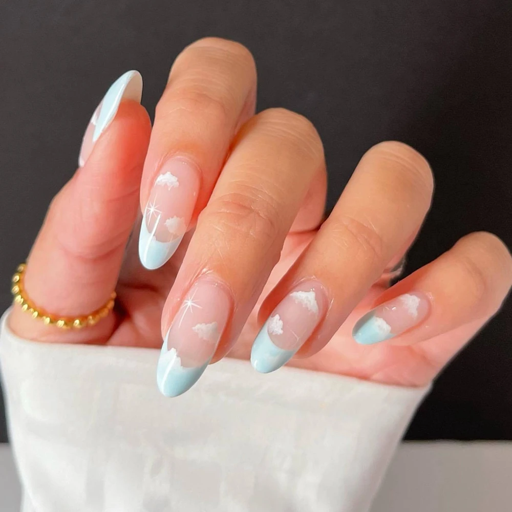 Накладные ногти с белым облаком миндаля 24 шт. носимые короткие французские