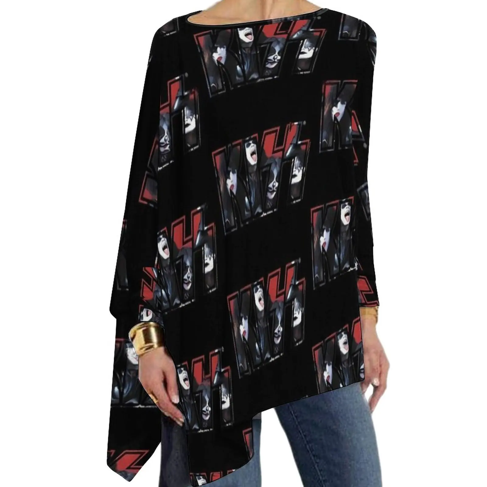 

Kiss Band Logo T-Shirt Rock Band Casual Long Sleeve T Shirts Pattern Vintage Tee Shirt Female Autumn Tops Big Size 4XL 5XL