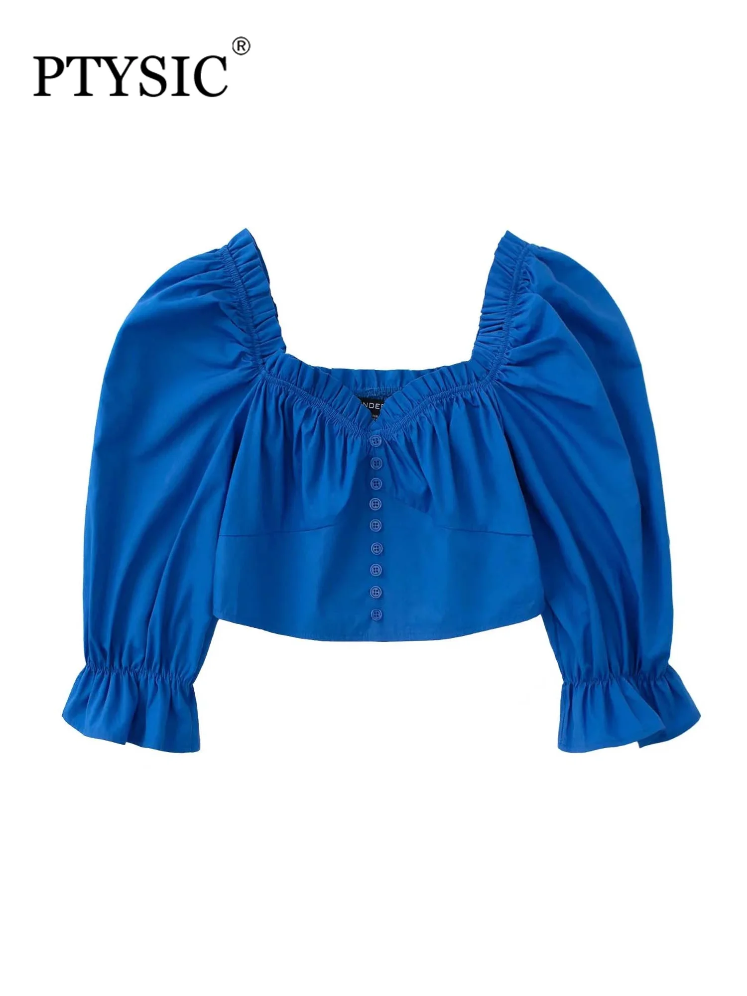 

PTYSIC Женская мода с синими расклешенными рукавами вырез лодочкой укороченные блузки 2022 Летние Плиссированные однобортные повседневные жен...