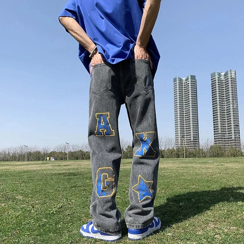 American Retro High Street Hip Hop Print Letter Pants For Men Women Loose Tube Floor Dragging Wide Leg Straight Casual Trousers