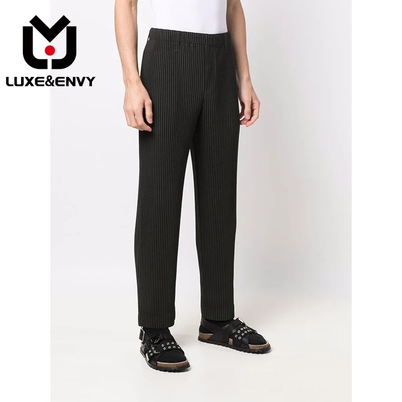 

LUXE&ENVY Men's Elastic Waist Straight Casual Pants 2023 New Streetwear Fashion Pleated Trousers High Waist Long Pants