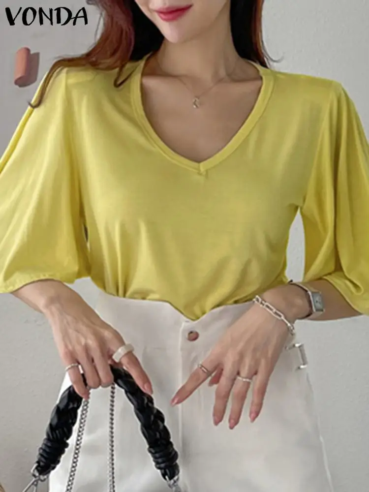 

Блузка VONDA женская с расклешенным рукавом, пикантная туника с V-образным вырезом, повседневный свободный однотонный стильный Топ, 2023