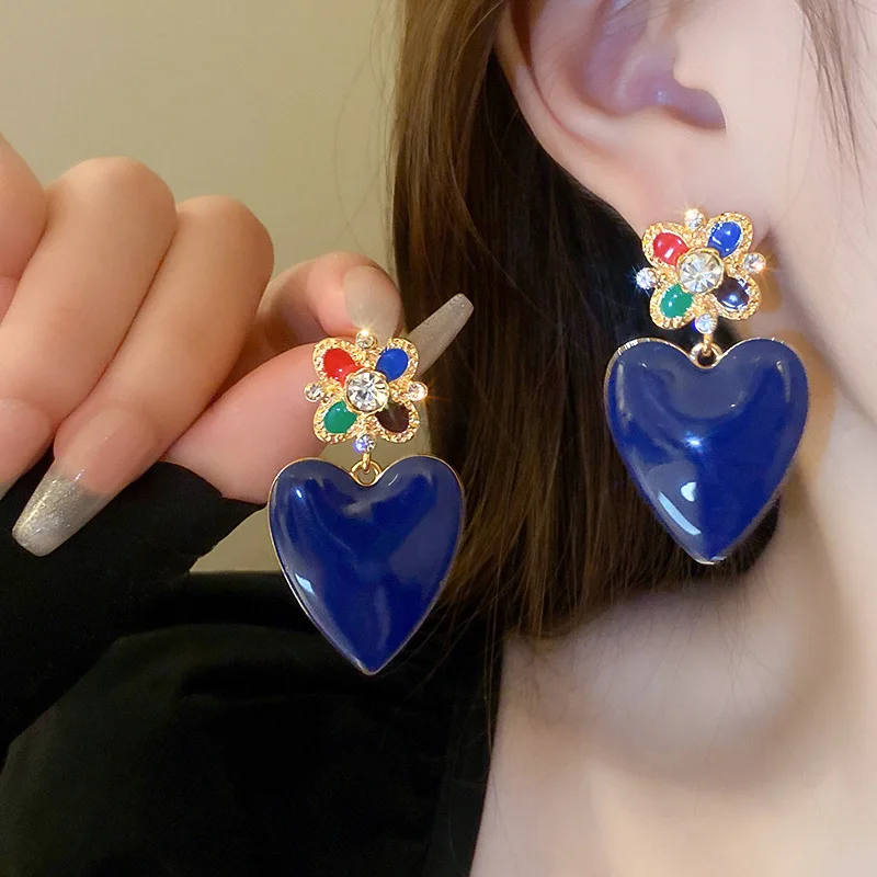 

Minar French Blue Enamel Love Heart Long Dangle Earrings Colorful Rhinestones Flower Big Pendant Earring for Women Oorbellen