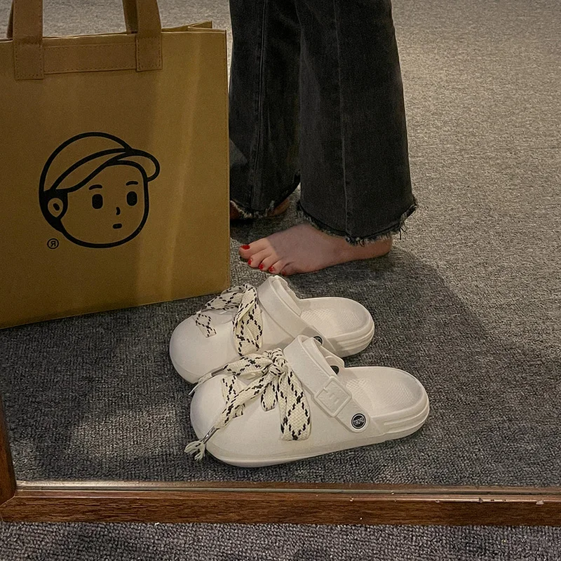 

Shoes Woman 2023 Slippers Summer Platform Med Cover Toe Pantofle Flat New Slides Cross-tied Rubber Basic PU Cover Toe Med House