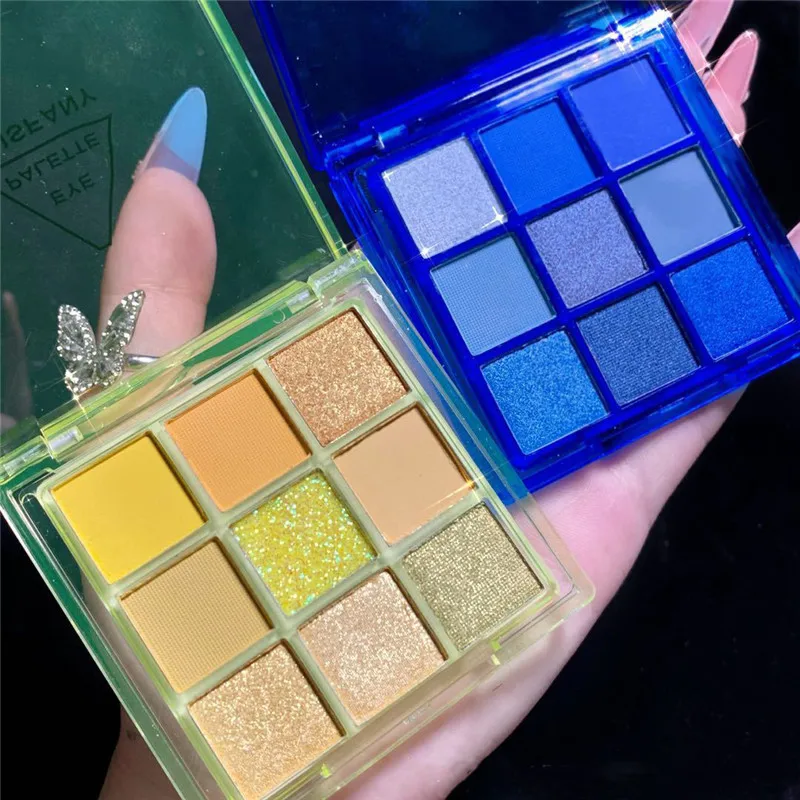 

9 Colors Baby Blue Eyeshadow Makeup Pallete Matte Blue Eye Shadow Palette Shimmer Shine Diamond Yellow Neon Eyeshadow Palette