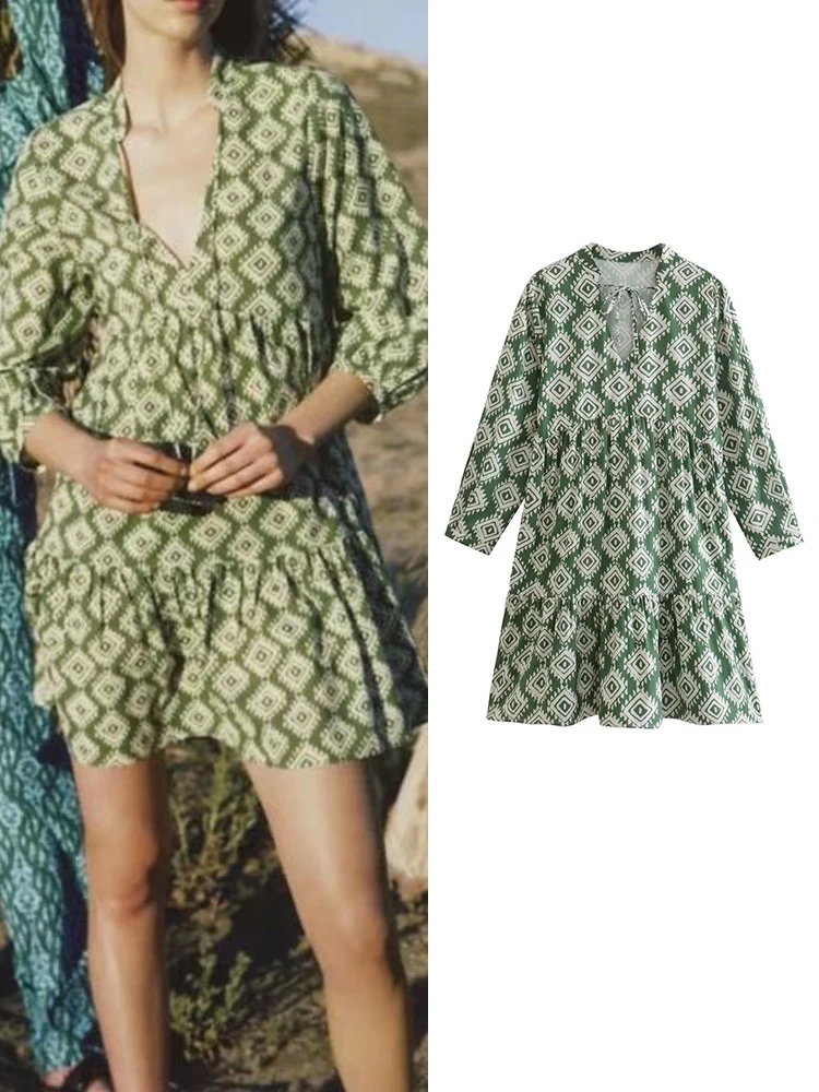 

TFMLN Summer Women Plaid Print Dresses 2022 New A-Line Elegant Party Mini Dress Long Sleeve V-neck Female Loose Outfit