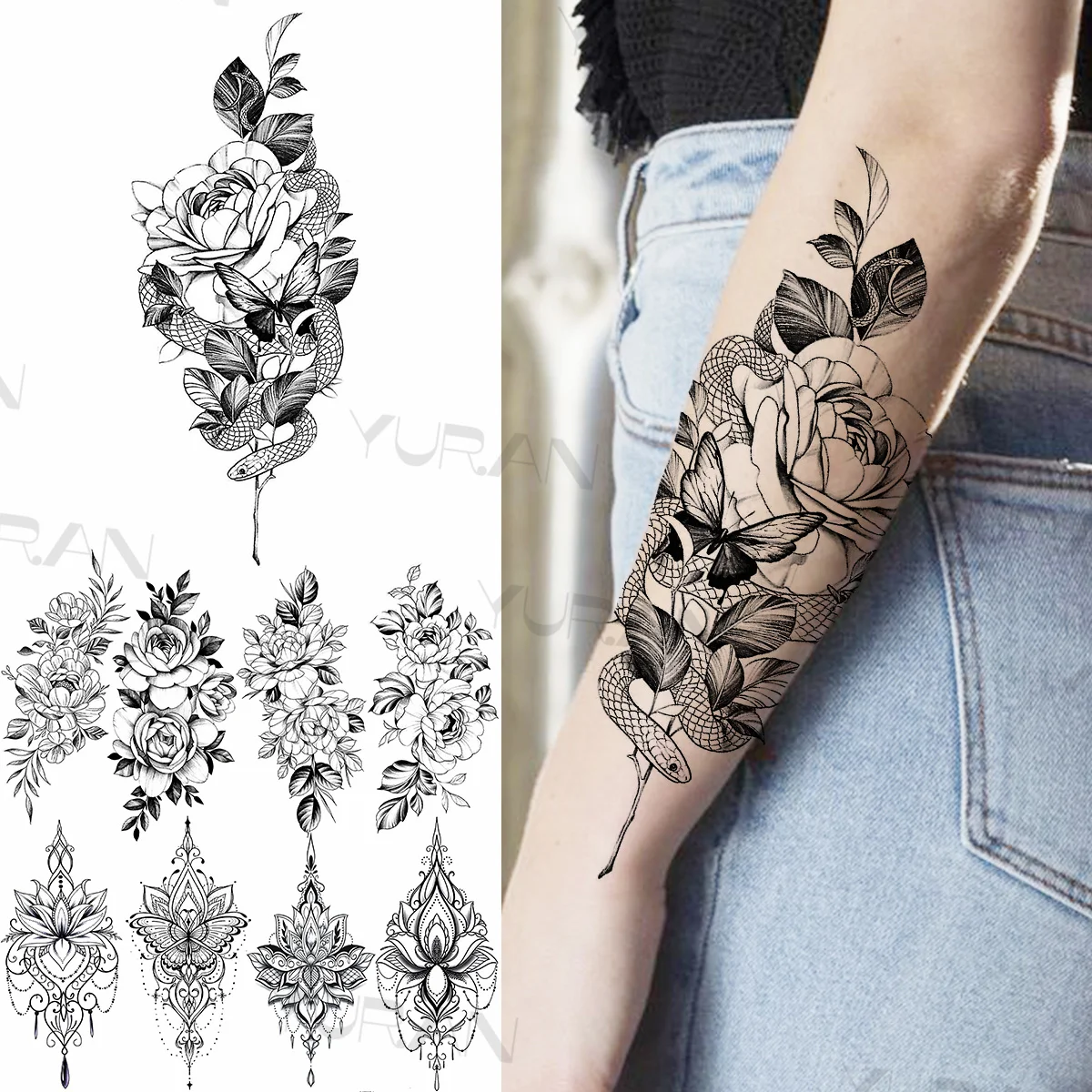 

Временные татуировки для женщин и девушек, змея, роза, цветок, Реалистичная хна, цветок, искусственная подвеска, тату-наклейка на предплечье,...