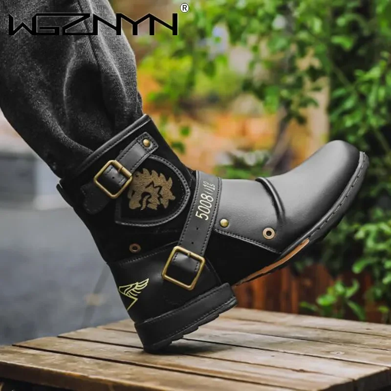 Men's Ankle Boots Retro Zipper Cowboy Motorcycle Shoes Chunky Heel Round Toe Plus Size Western Chaussure Militaire Homme