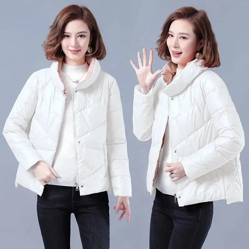 2023 Autumn Winter Bright Face Padded Jackets Women Short Coat Loose Stand-Up Collar Fashion New Black Down Cotton Jacket Female