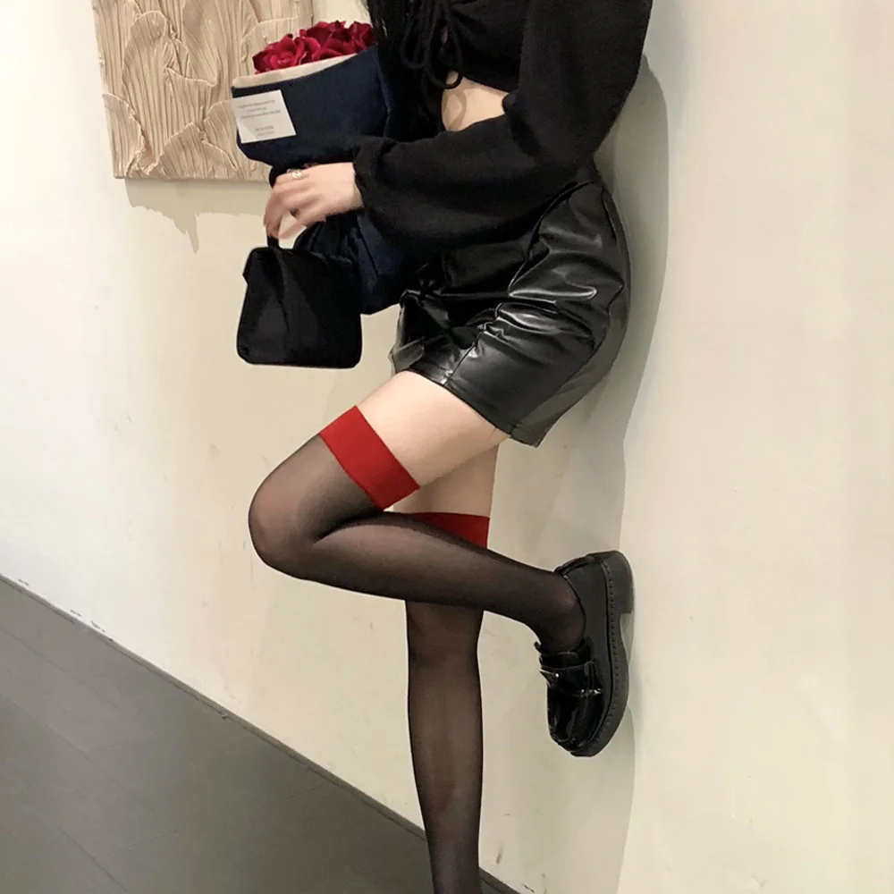 

CHAOZHU Thin Fashion Long Stocking 2022 Red Black Color Patchwork 5D Utral Ins Knee High Lady Girls Sexy Glasses Socks