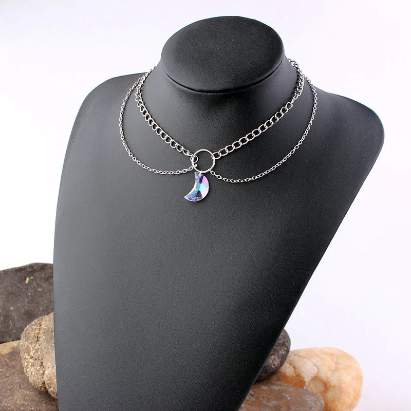 

Multilayer Choker Necklace for Women, Crystal, Moon, Simple, Elegant, Short Chain Pendant, New Trend, Jewelry