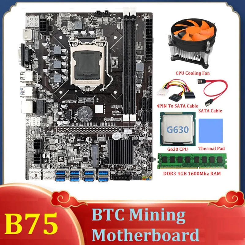 

HOT-B75 BTC Mining Motherboard+SATA Cable+DDR3 4GB 1600Mhz RAM LGA1155 8XPCIE USB3.0 Adapter B75 USB BTC Miner Motherboard