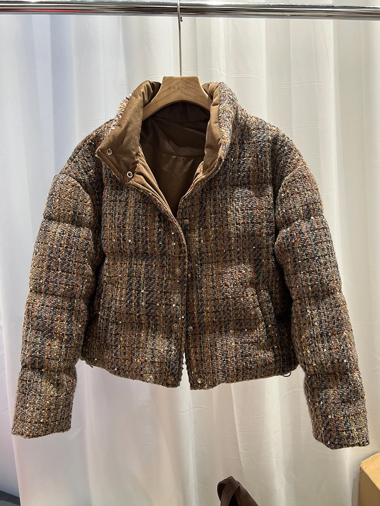 Зимнее новое дизайнерское пуховое пальто для женщин с утолщенной тканой